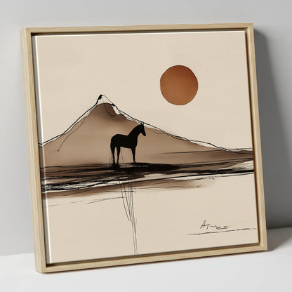 Sepia Mountain Silhouette horse landscape canvas wall art in natural frame