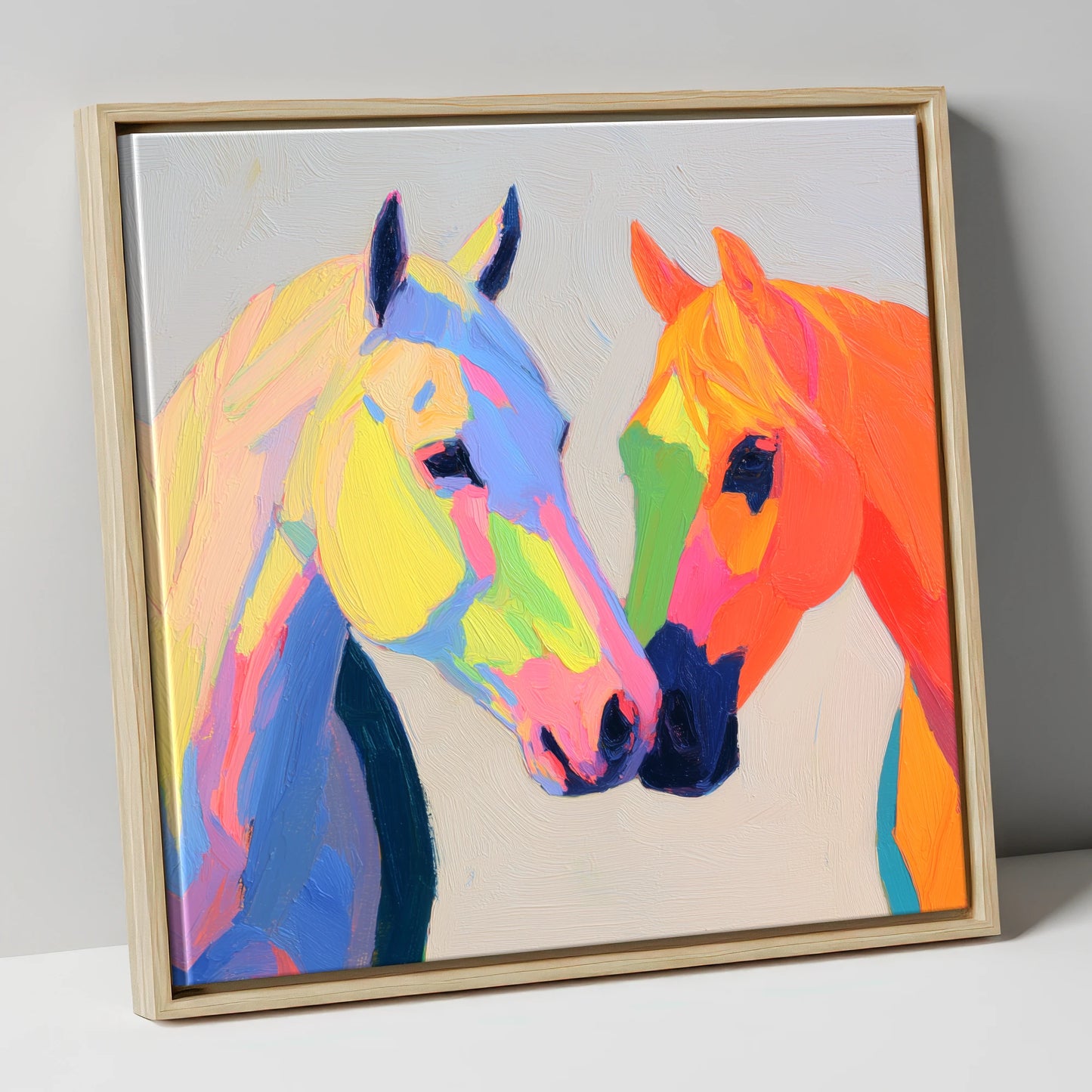 Technicolour Companions horse portrait canvas wall art in natural frame