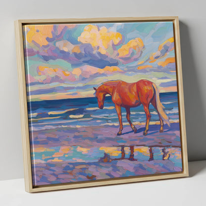 Vivid Coastal Solitude horse landscape canvas wall art in natural frame