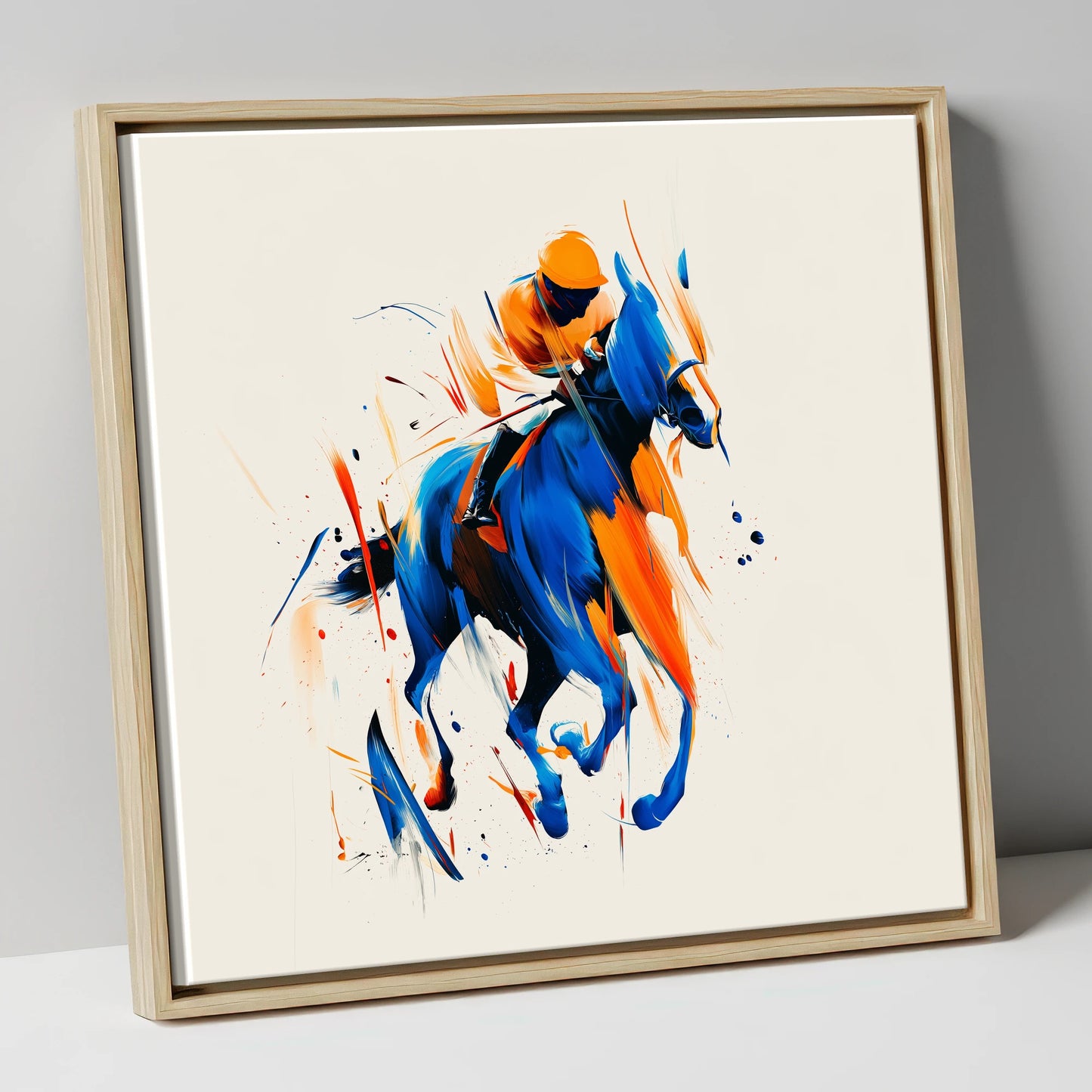 Velocity in Cobalt racing horse canvas wall art in natural frame