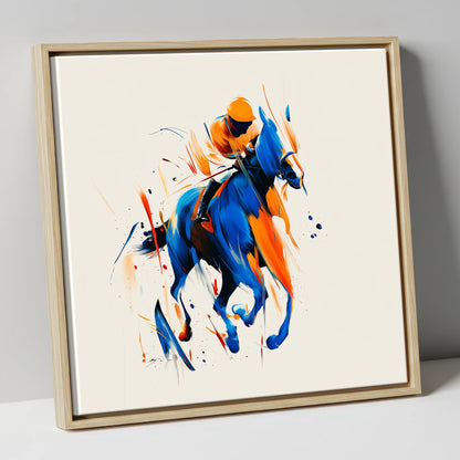 Velocity in Cobalt racing horse canvas wall art in natural frame