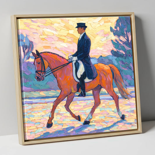 Painted Dressage Elegance dressage horse canvas wall art in natural frame