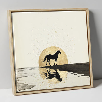 Gilded Shoreline Solitude horse landscape canvas wall art in natural frame