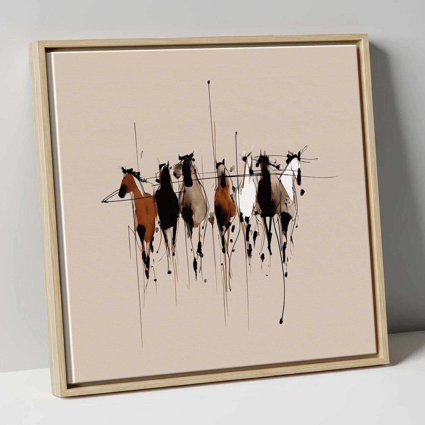 The Fluid Herd wild horses canvas wall art in natural frame