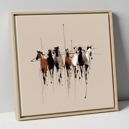 The Fluid Herd wild horses canvas wall art in natural frame