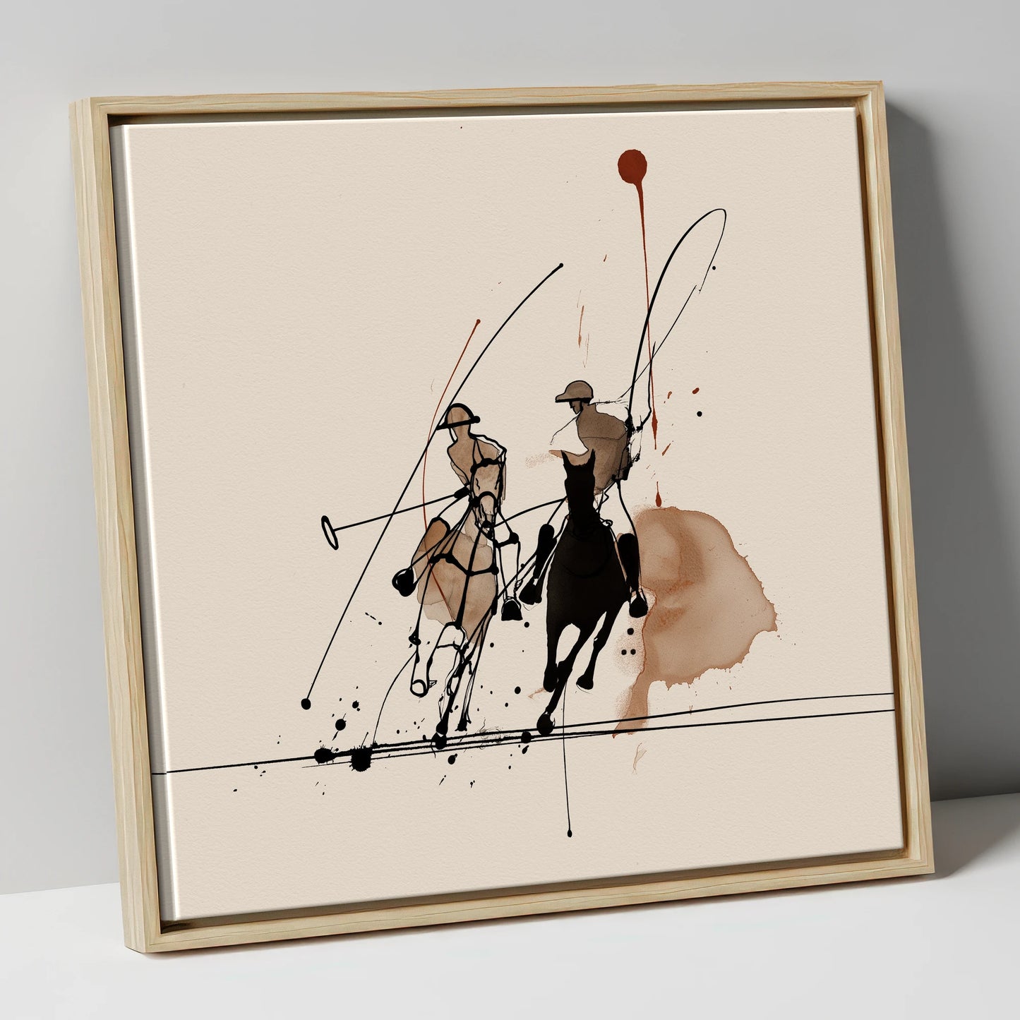Polo Dynamics polo horse canvas wall art in natural frame