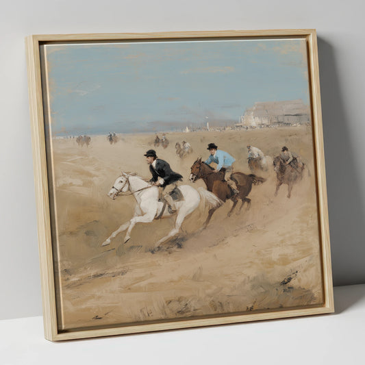 Galloping on the Sands racing horse canvas wall art in natural frame