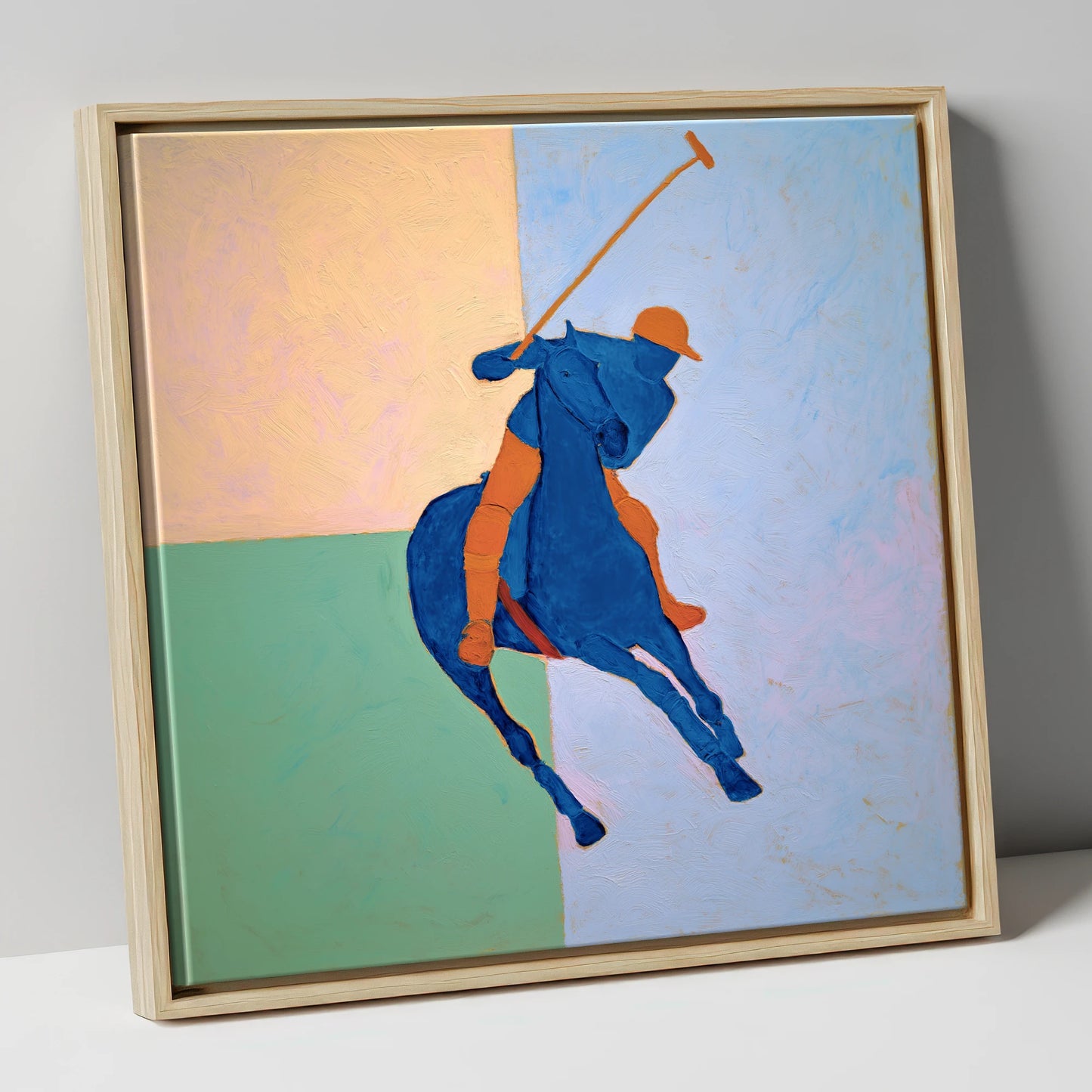 Cobalt Polo Swing polo horse canvas wall art in natural frame