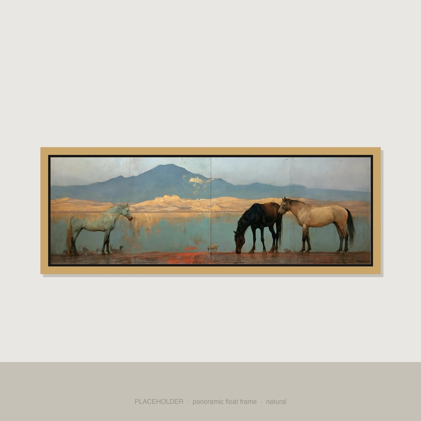 Gilded Shoreline Reflections Horse Landscape panoramic canvas wall art in natural float frame