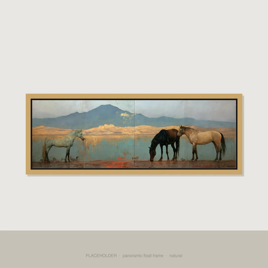Gilded Shoreline Reflections Horse Landscape panoramic canvas wall art in natural float frame