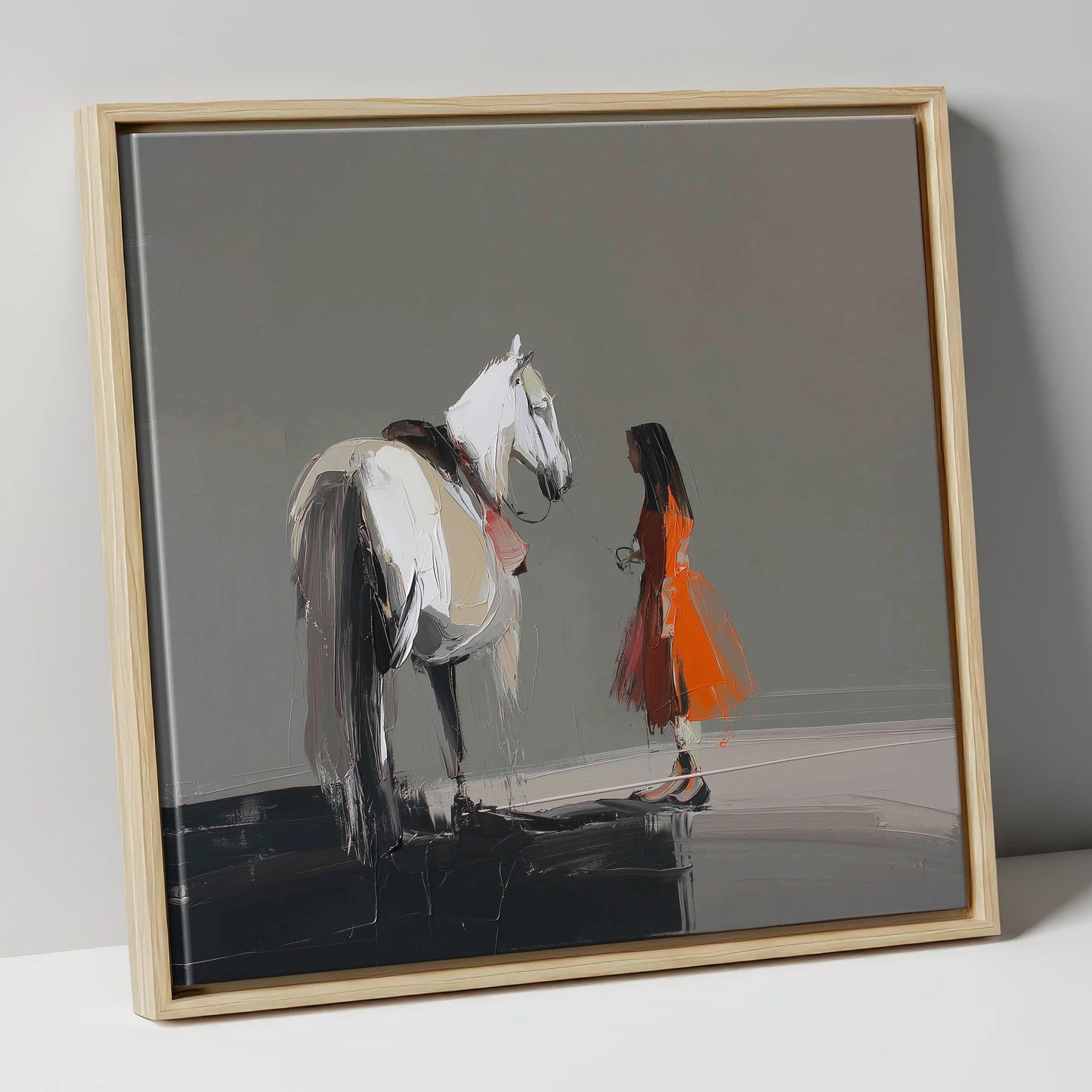 A Silent Dialogue horse & rider canvas wall art in natural frame