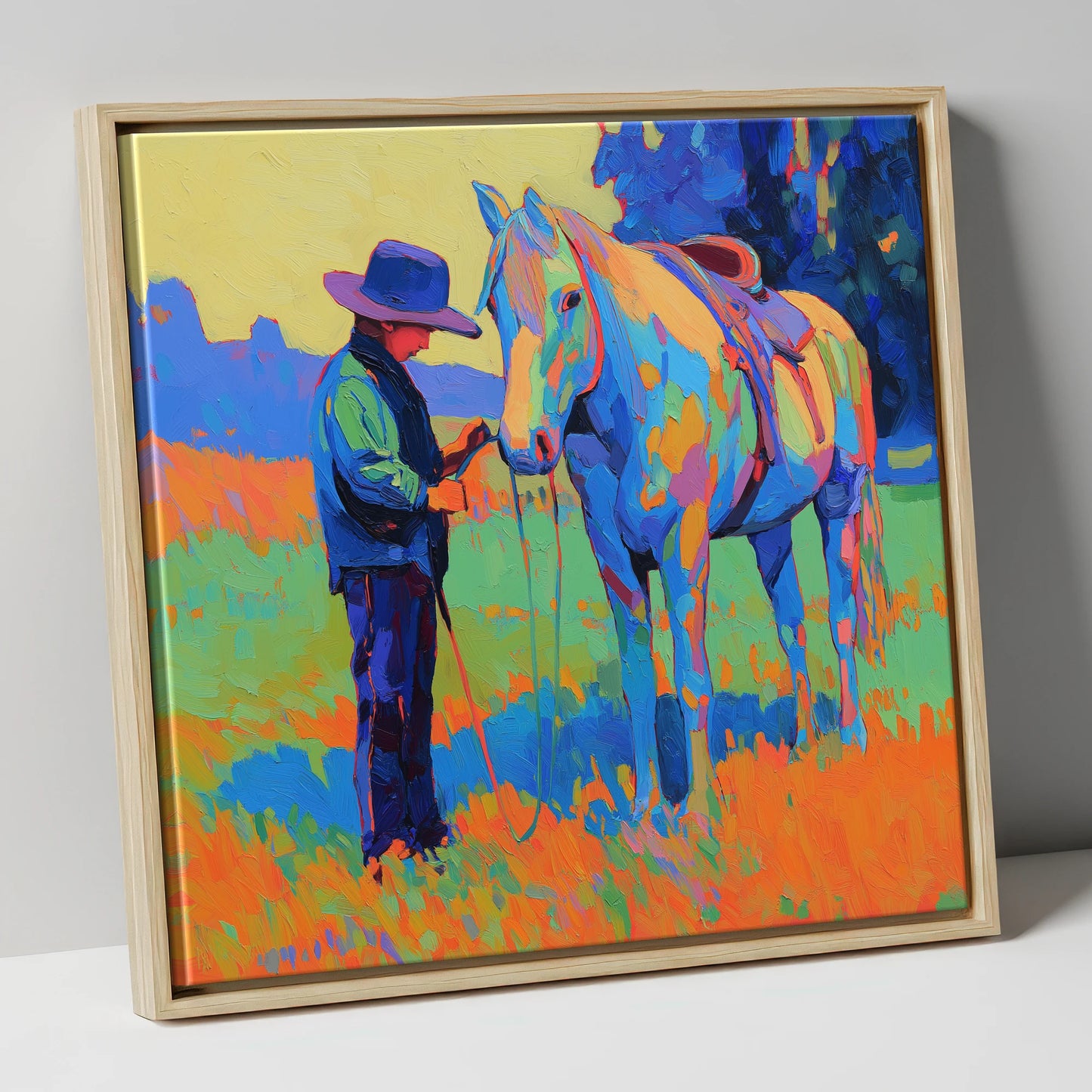 Cobalt Connection horse & rider canvas wall art in natural frame