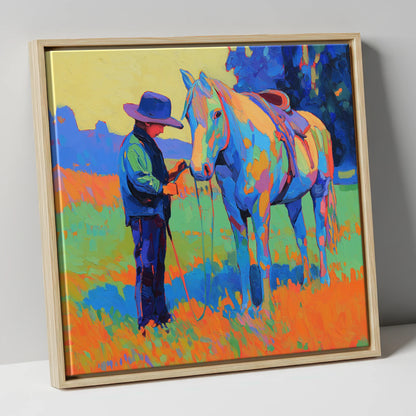 Cobalt Connection horse & rider canvas wall art in natural frame
