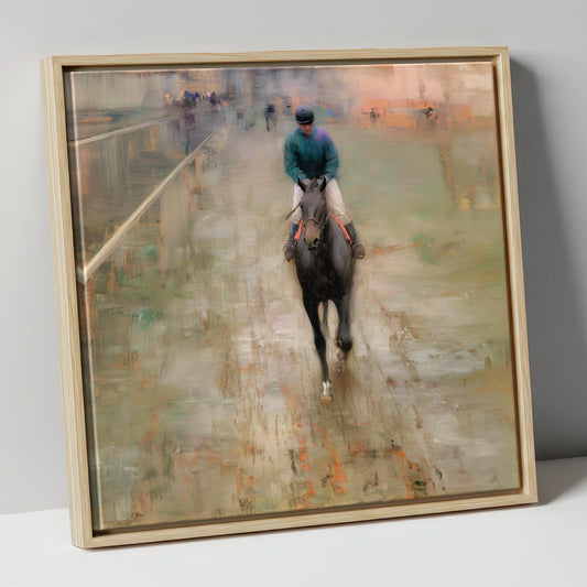 Dawn on the Turf racing horse canvas wall art in natural frame