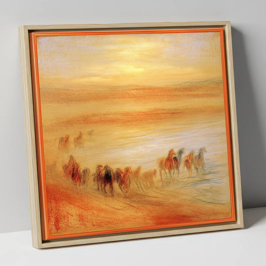 Terracotta Sunrise Herd horse landscape canvas wall art in natural frame