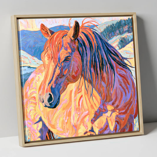 Horse in Vibrant Mountain Snow horse breed canvas wall art in natural frame