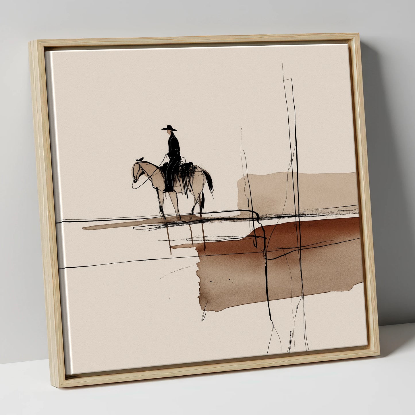 Solitude in Sepia western horse canvas wall art in natural frame