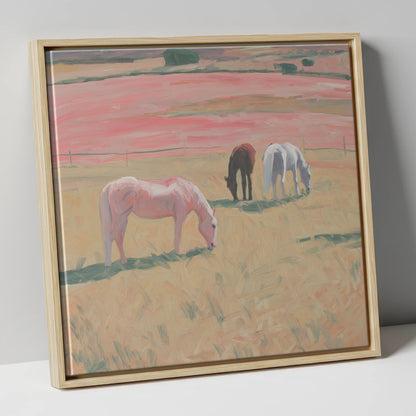 Dusky Meadow Grazing horse landscape canvas wall art in natural frame