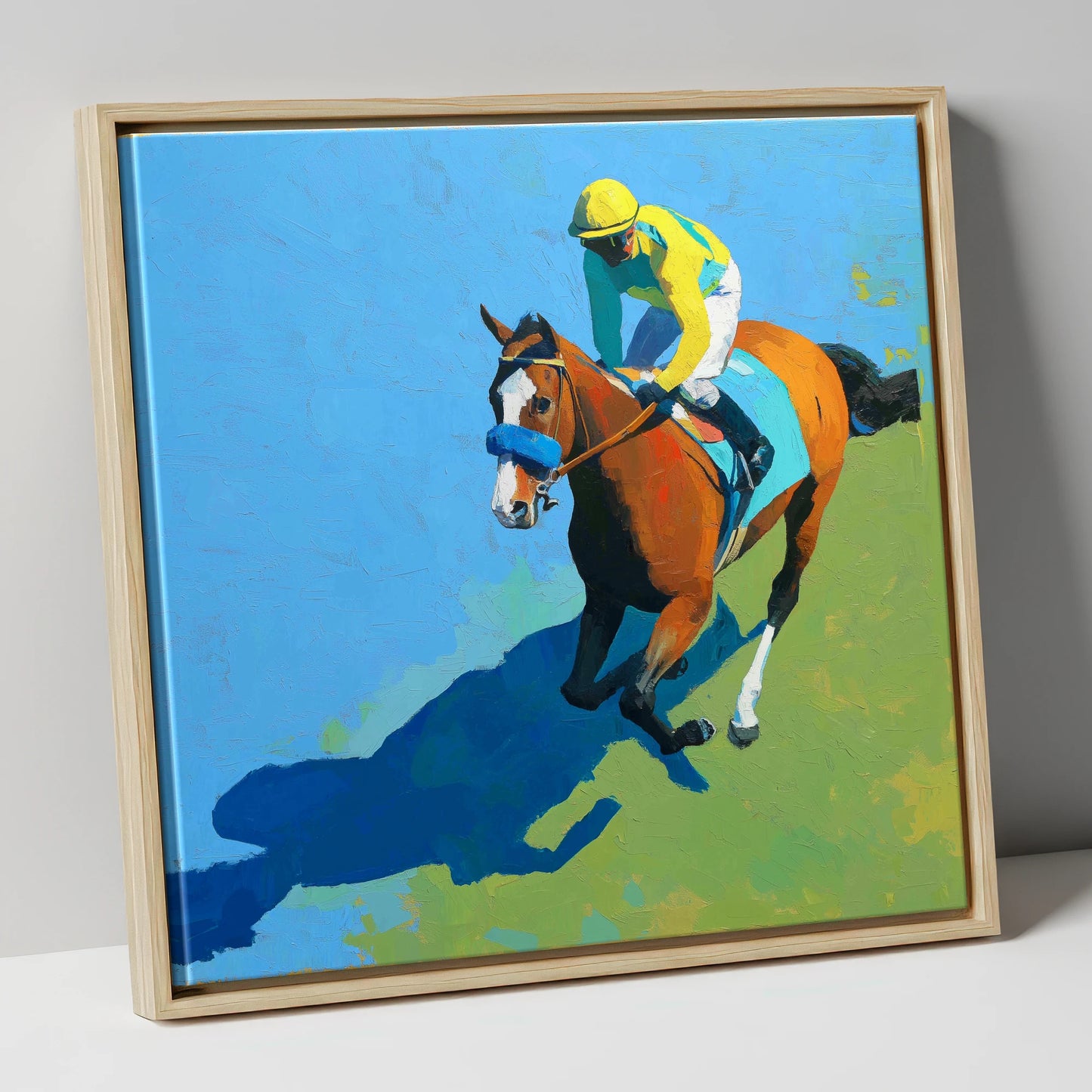 Flight and Shadow racing horse canvas wall art in natural frame