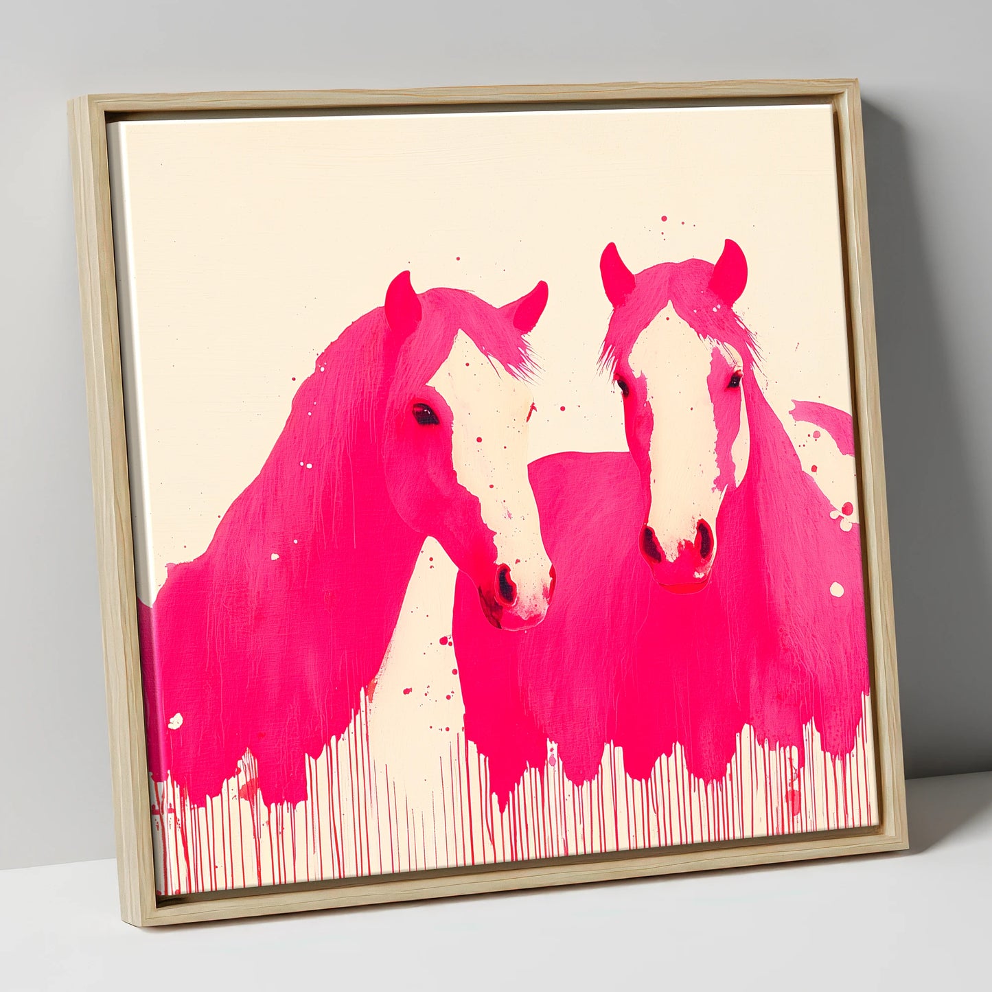 Vivid Magenta Pair horse landscape canvas wall art in natural frame