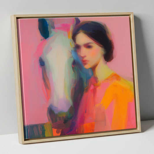 Vibrant Connection horse & rider canvas wall art in natural frame