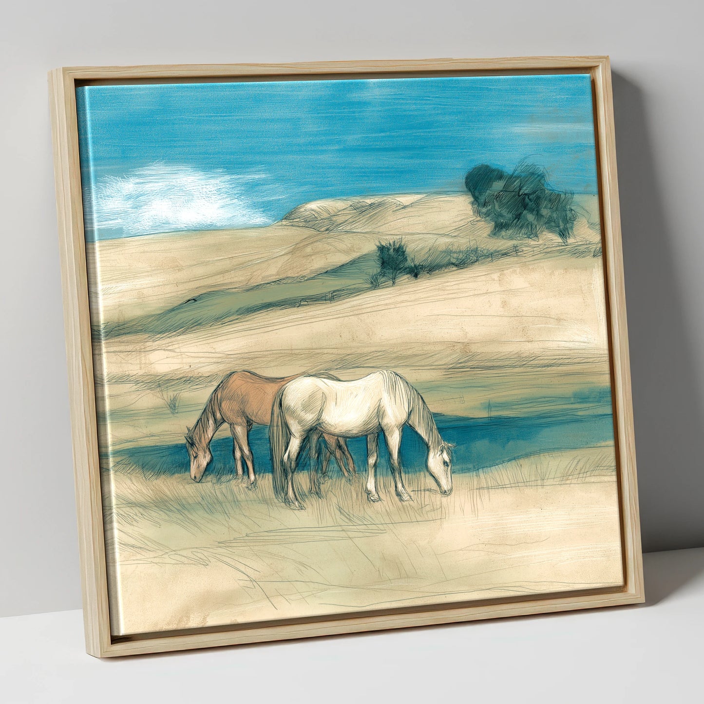 Grazing Beneath Teal Skies horse landscape canvas wall art in natural frame