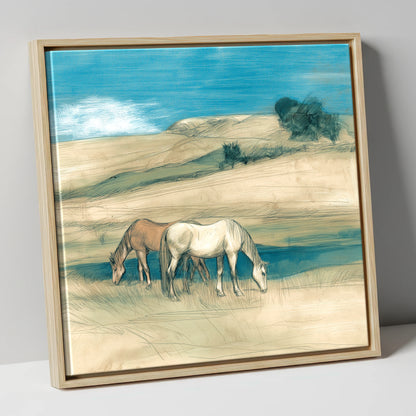 Grazing Beneath Teal Skies horse landscape canvas wall art in natural frame
