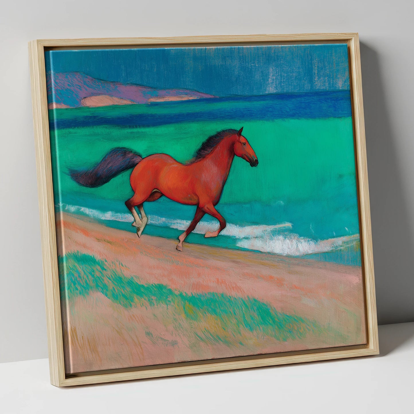 Crimson Coastal Canter horse landscape canvas wall art in natural frame