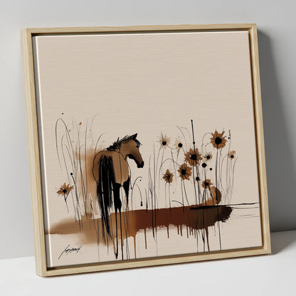 Sepia Meadow Silhouette horse landscape canvas wall art in natural frame