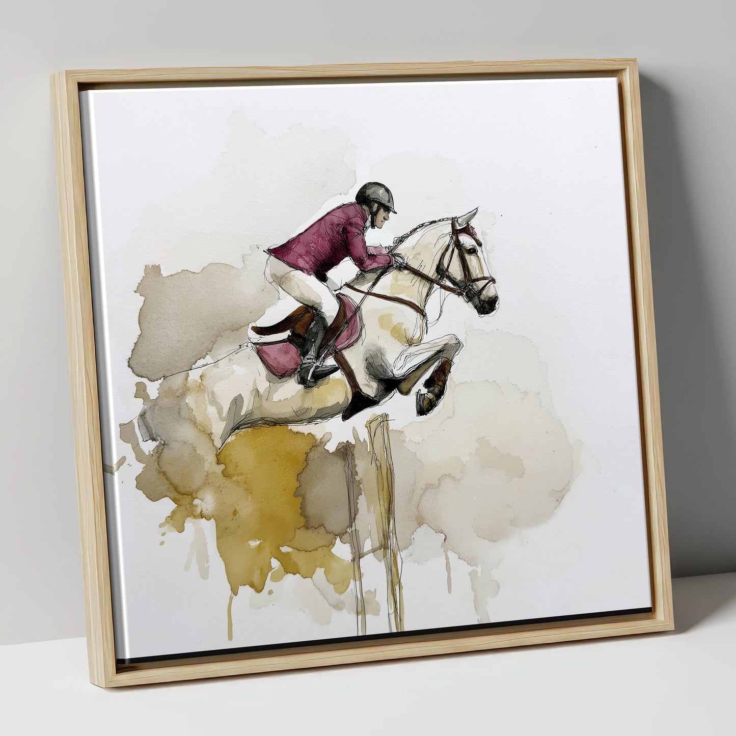 Suspended Elegance show jumping horse canvas wall art in natural frame