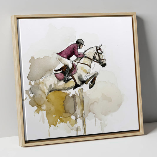 Suspended Elegance show jumping horse canvas wall art in natural frame