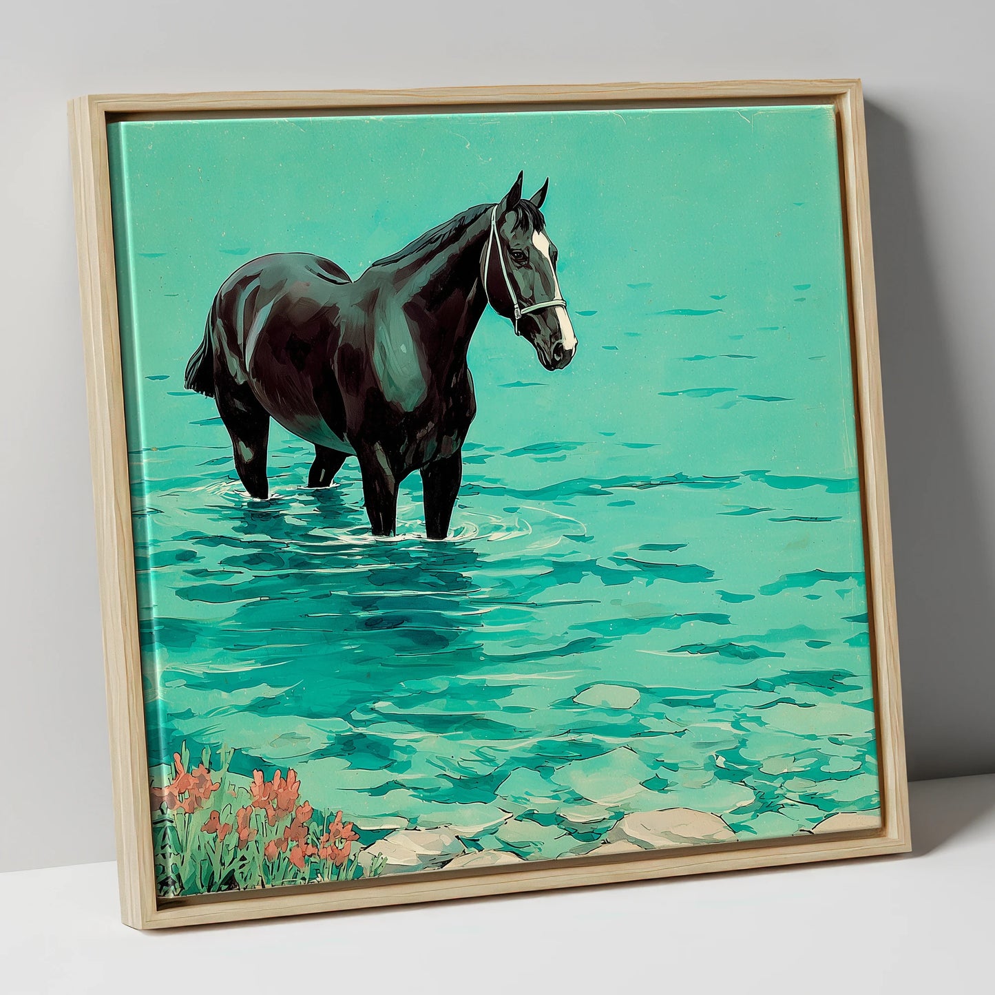 Midnight in the Shallows beach horse canvas wall art in natural frame
