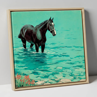 Midnight in the Shallows beach horse canvas wall art in natural frame
