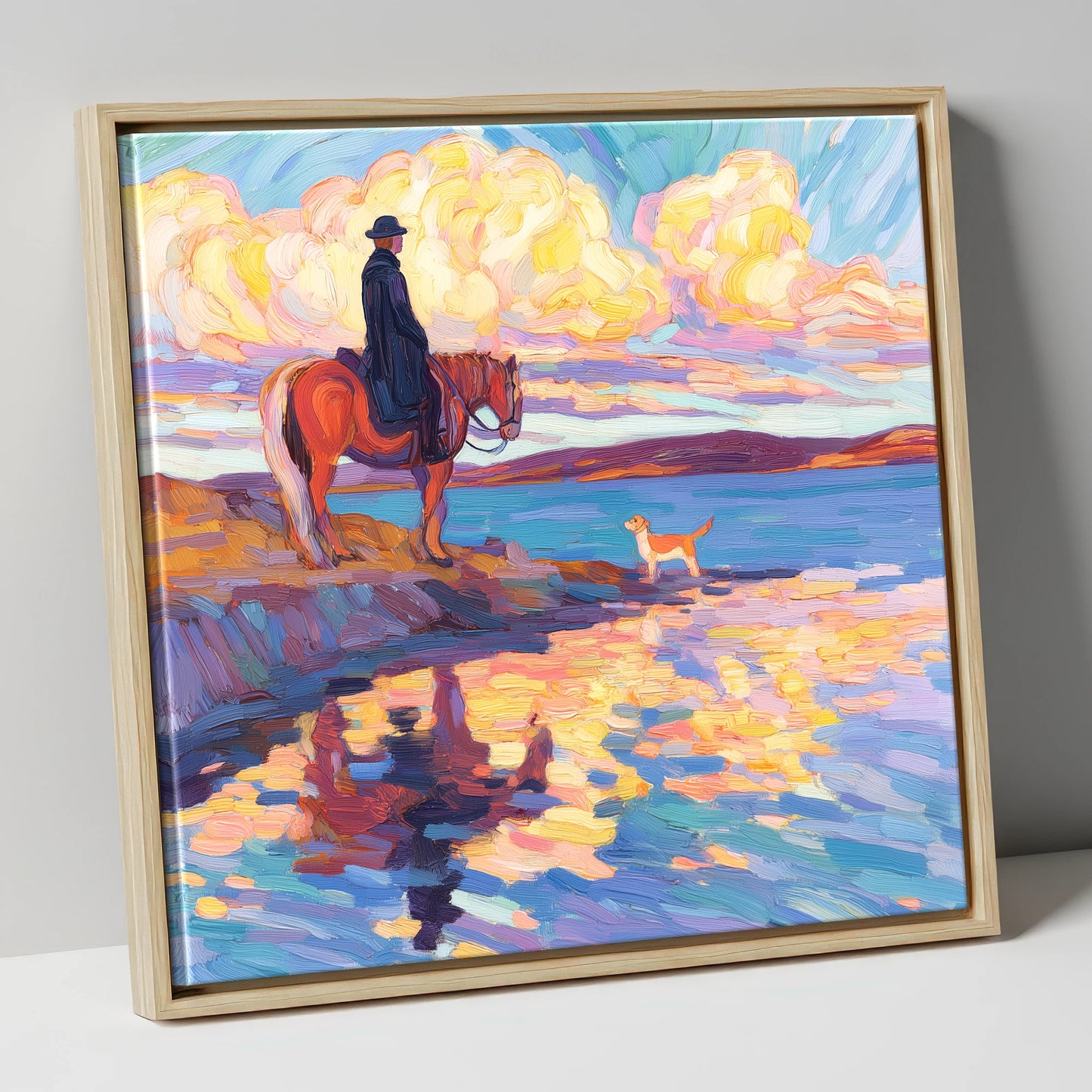 Evening Tide Halt beach horse canvas wall art in natural frame