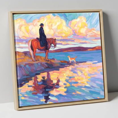 Evening Tide Halt beach horse canvas wall art in natural frame