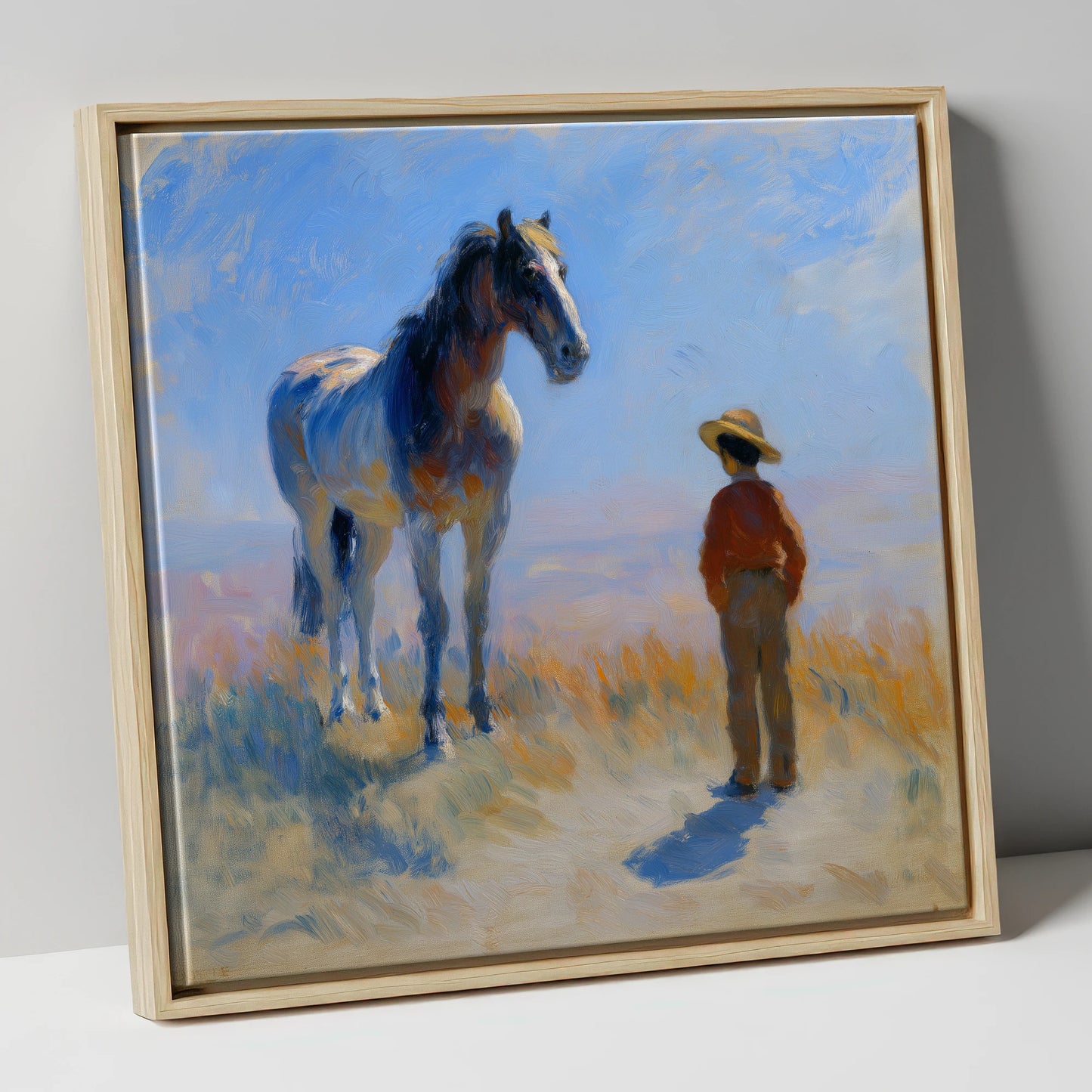 A Quiet Understanding horse & rider canvas wall art in natural frame