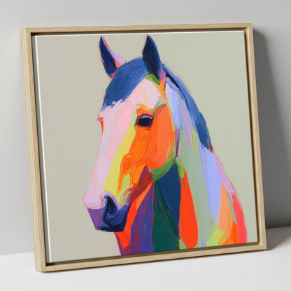 Vivid Technicolour Spirit horse portrait canvas wall art in natural frame