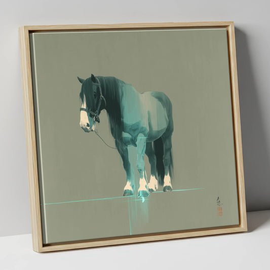 Teal Draught Silhouette horse breed canvas wall art in natural frame