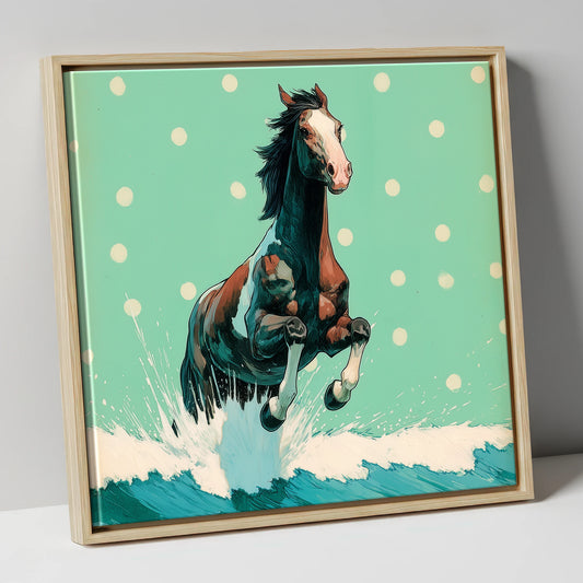 Graphic Ocean Surge beach horse canvas wall art in natural frame