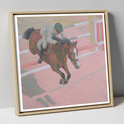 Suspended in Pink show jumping horse canvas wall art in natural frame