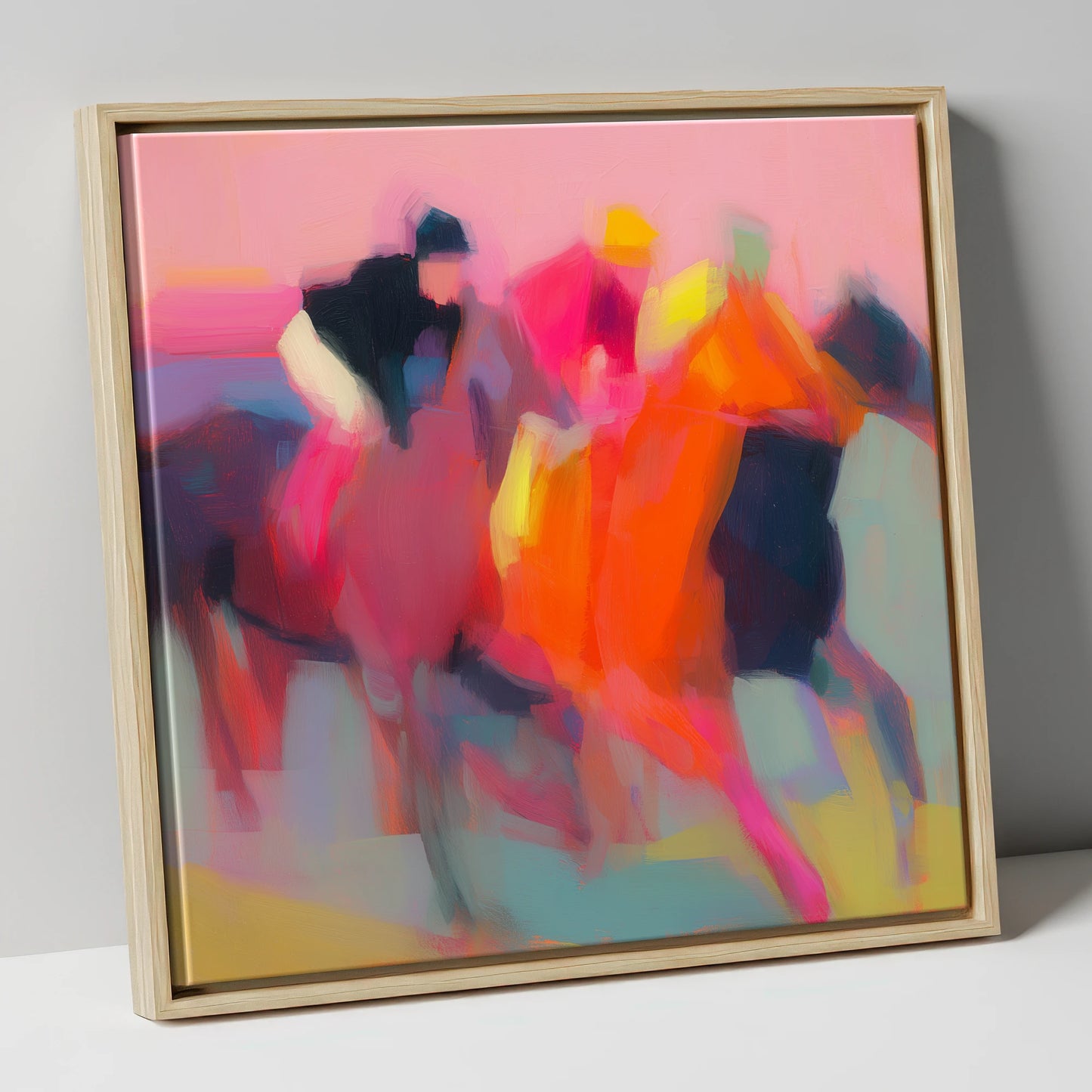 Vibrant Furlong racing horse canvas wall art in natural frame