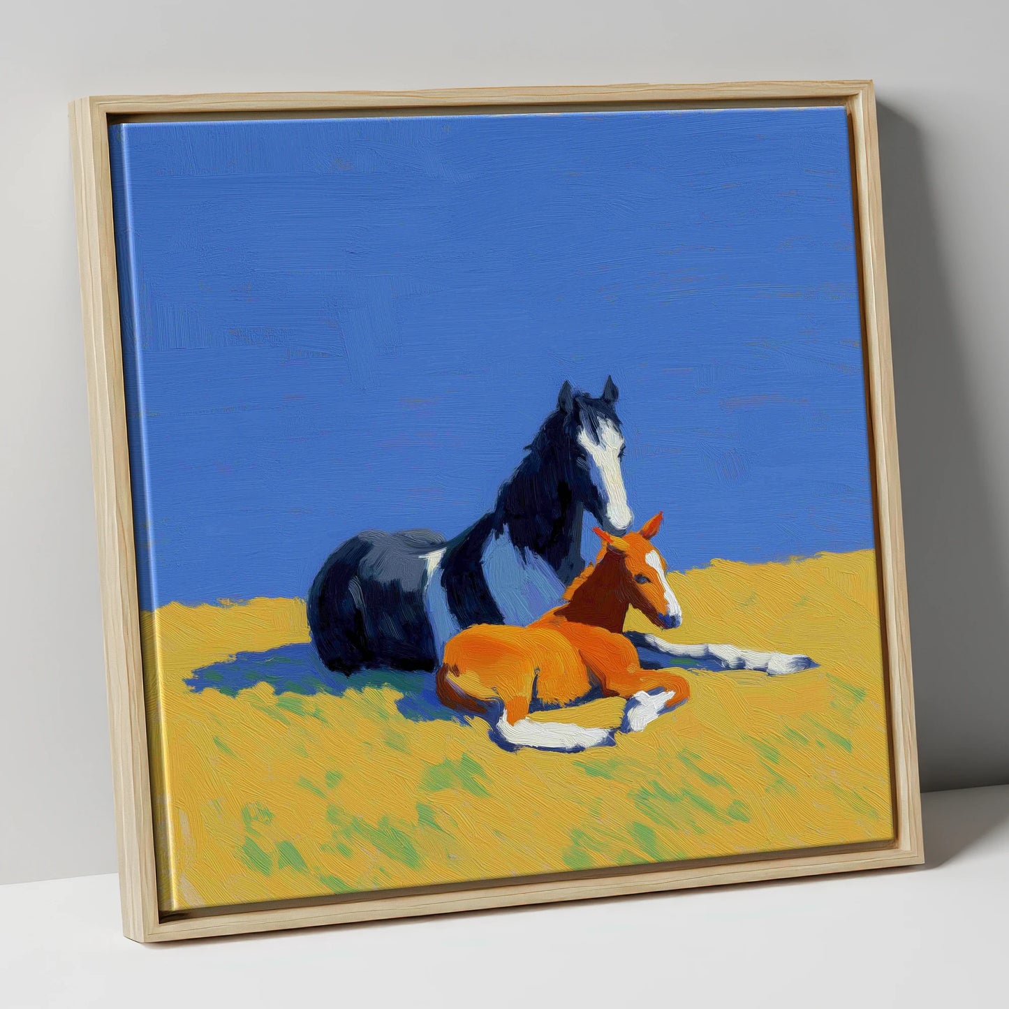 Sun-Drenched Bond mare & foal canvas wall art in natural frame
