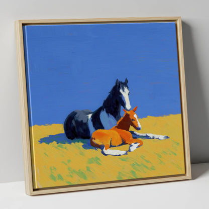 Sun-Drenched Bond mare & foal canvas wall art in natural frame