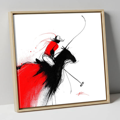 Crimson Polo Strike polo horse canvas wall art in natural frame
