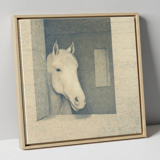 The Quiet Observer horse stable canvas wall art in natural frame