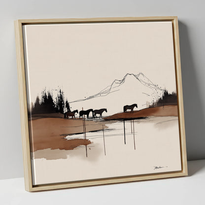 Mountain Pasture Silhouettes horse landscape canvas wall art in natural frame