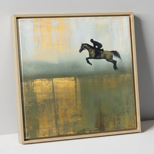 Gilded Suspension show jumping horse canvas wall art in natural frame