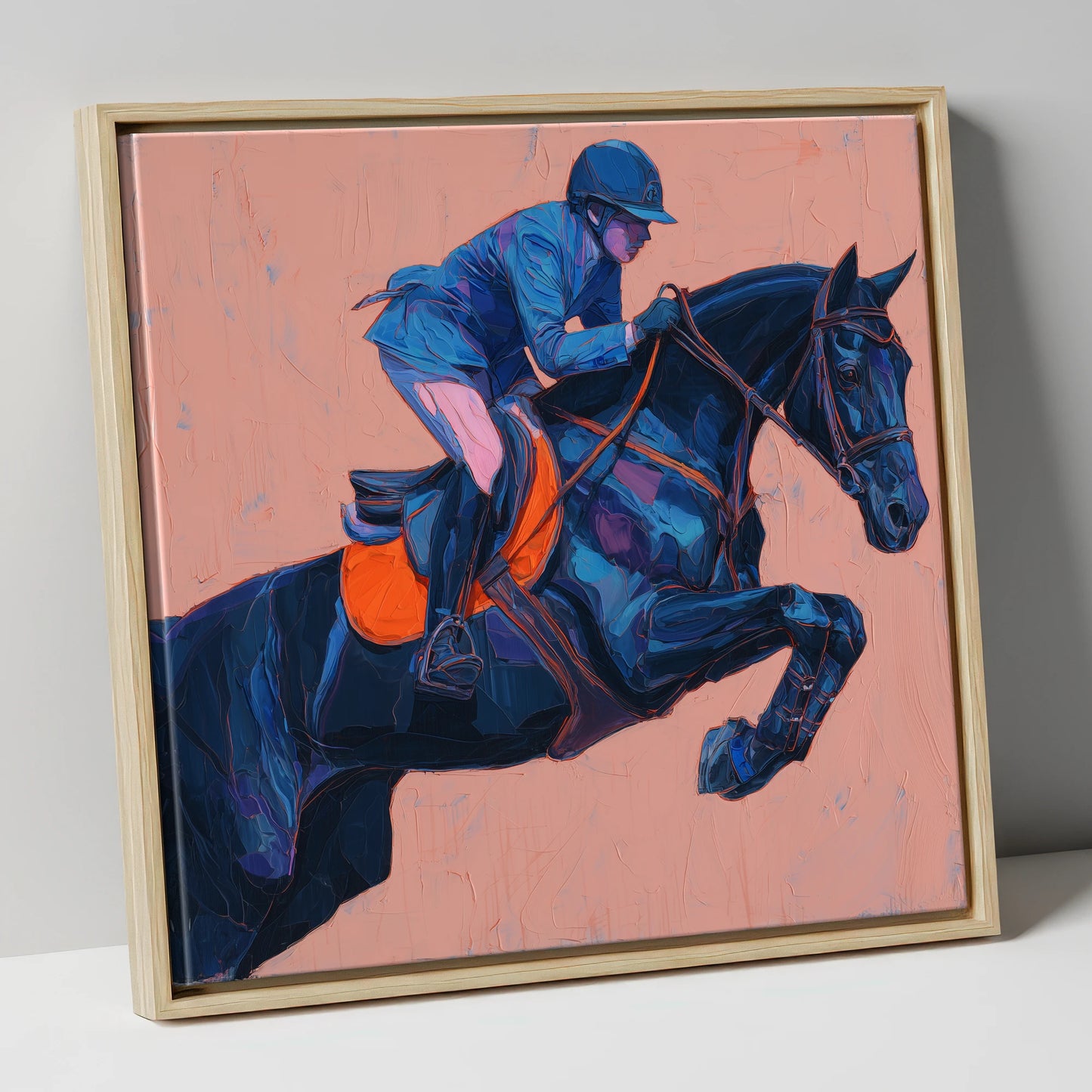 Indigo Ascending show jumping horse canvas wall art in natural frame