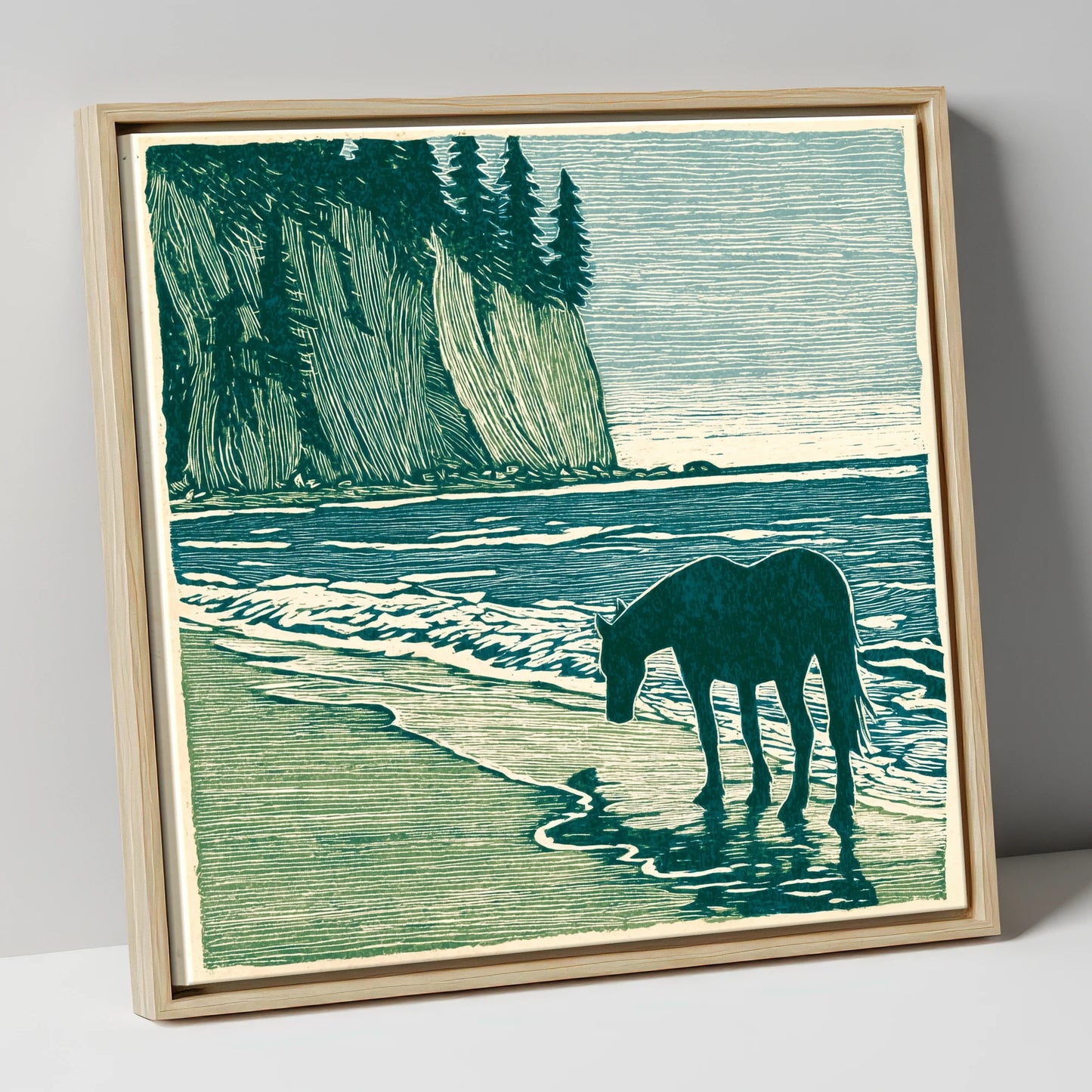 Coastal Waters Retreat horse landscape canvas wall art in natural frame