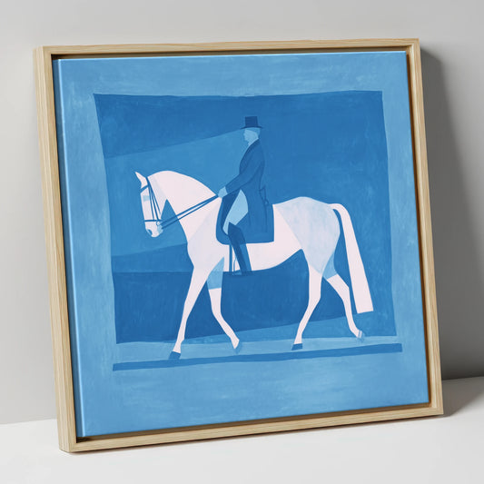 Blue Dressage Silhouette dressage horse canvas wall art in natural frame